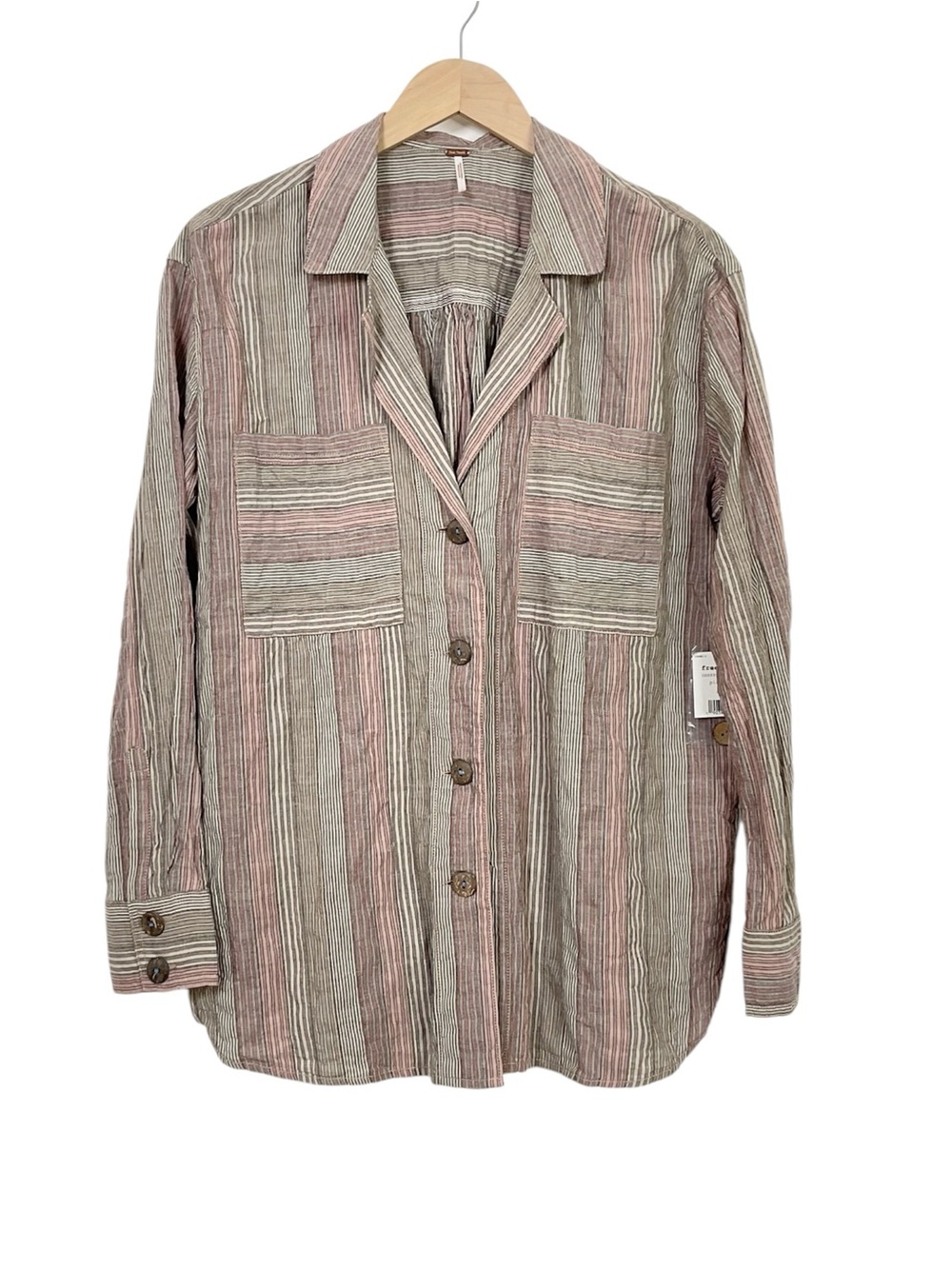 Free People High Tide Striped Button Down Shirt Pink Sands Size Small